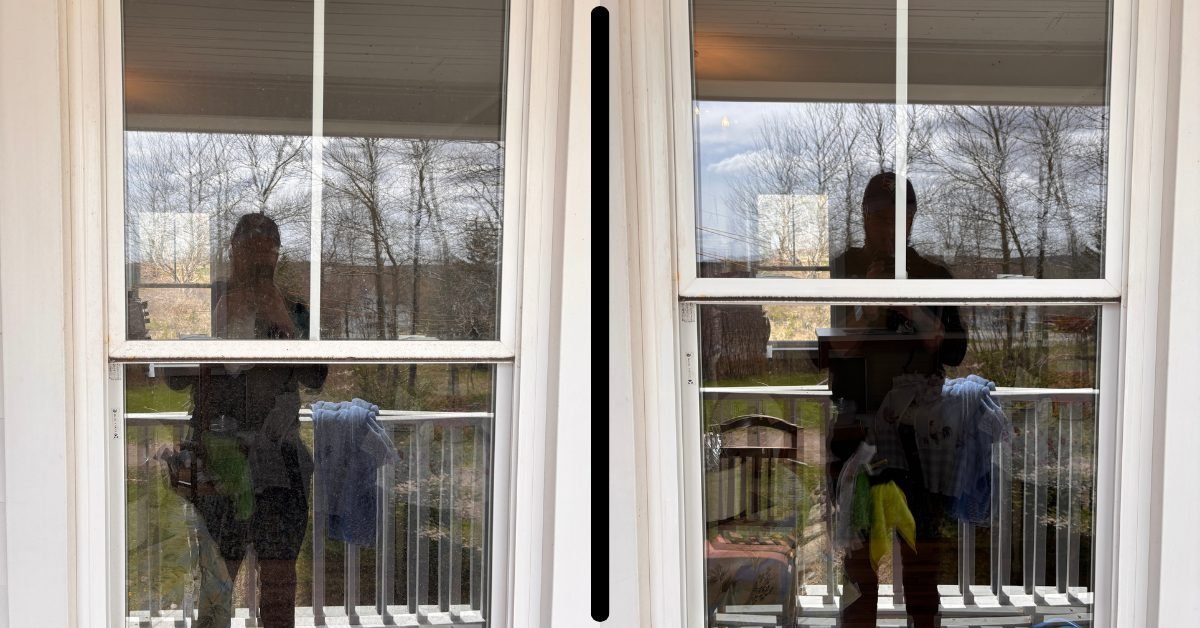 Before and after of window glass: hazy and spotted on the left, clear on the right