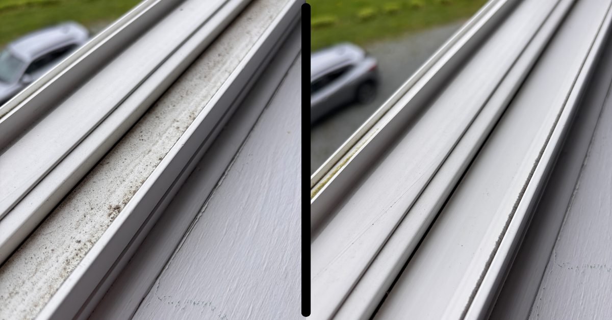 Before and after of a window track: grimy and dirt-stained on the left, spotless white on the right