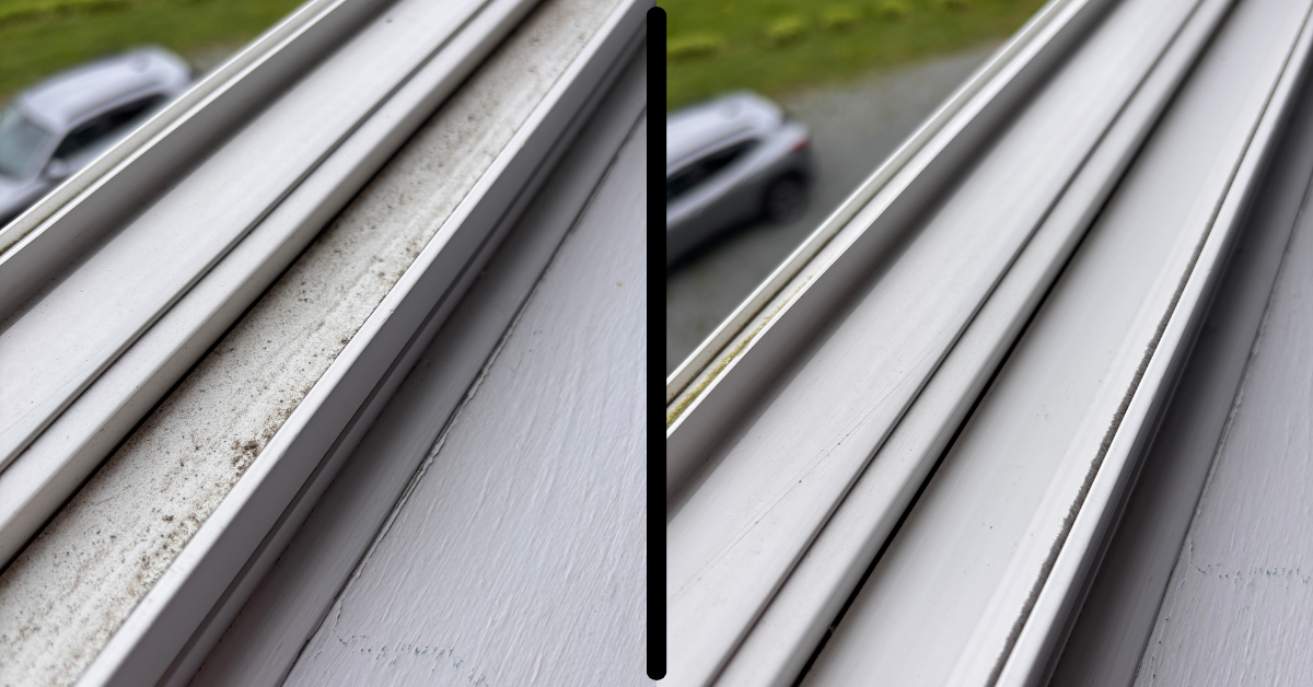 Before and after of a window track: grimy and dirt-stained on the left, spotless white on the right
