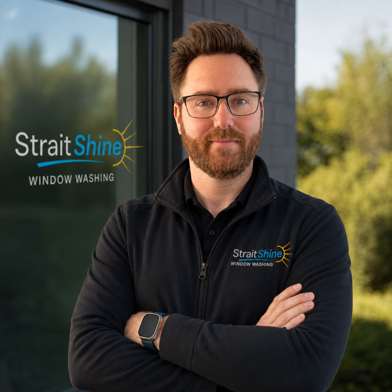 Ben Kelly, owner of Strait Shine, in a Strait Shine work jacket standing in front of a Strait Shine-branded window
