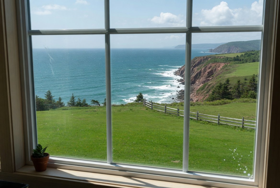 A spotless multi-pane window looking out over the cliffs and water of Cape Breton