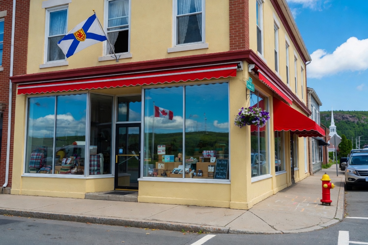 A small-town Cape Breton storefront on a sunny day with a Nova Scotia flag and clean shop windows