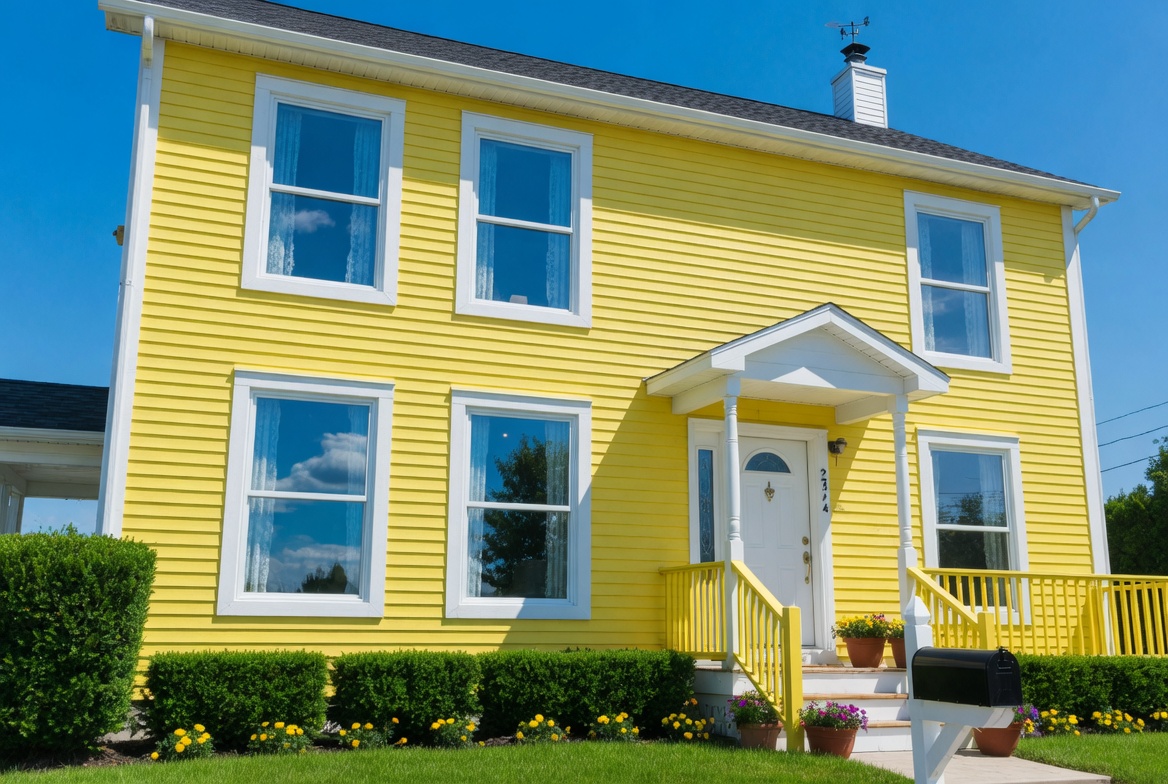 A bright yellow Cape Breton home with crisp white-trimmed windows that look freshly cleaned
