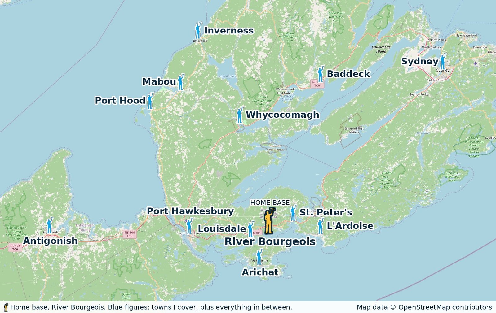 Map of the Strait Shine service area: Richmond and Inverness counties, Baddeck, Antigonish, Louisdale, and Sydney, with home base marked in River Bourgeois